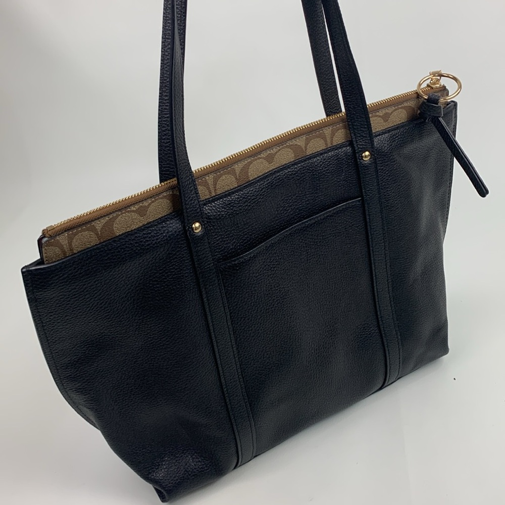 Coach Black Brown Pebbled Leather Signature C Tote shoulder bag Gold charm New - Picture 16 of 17